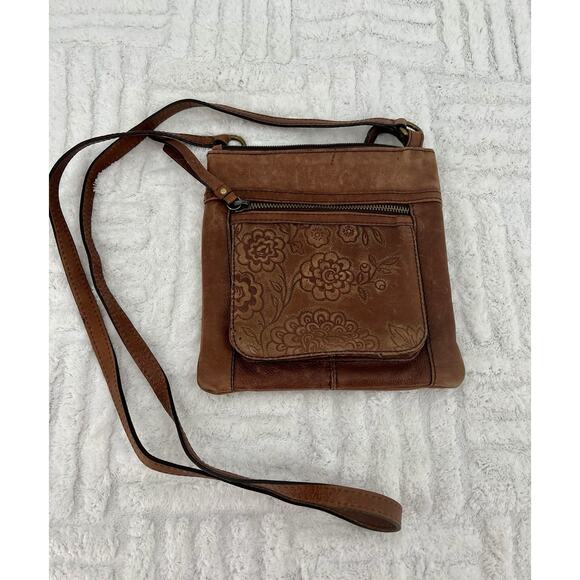 FOSSIL Tan Brown Leather Small Crossbody Purse Embroidered Embossed Detailing - Picture 1 of 10